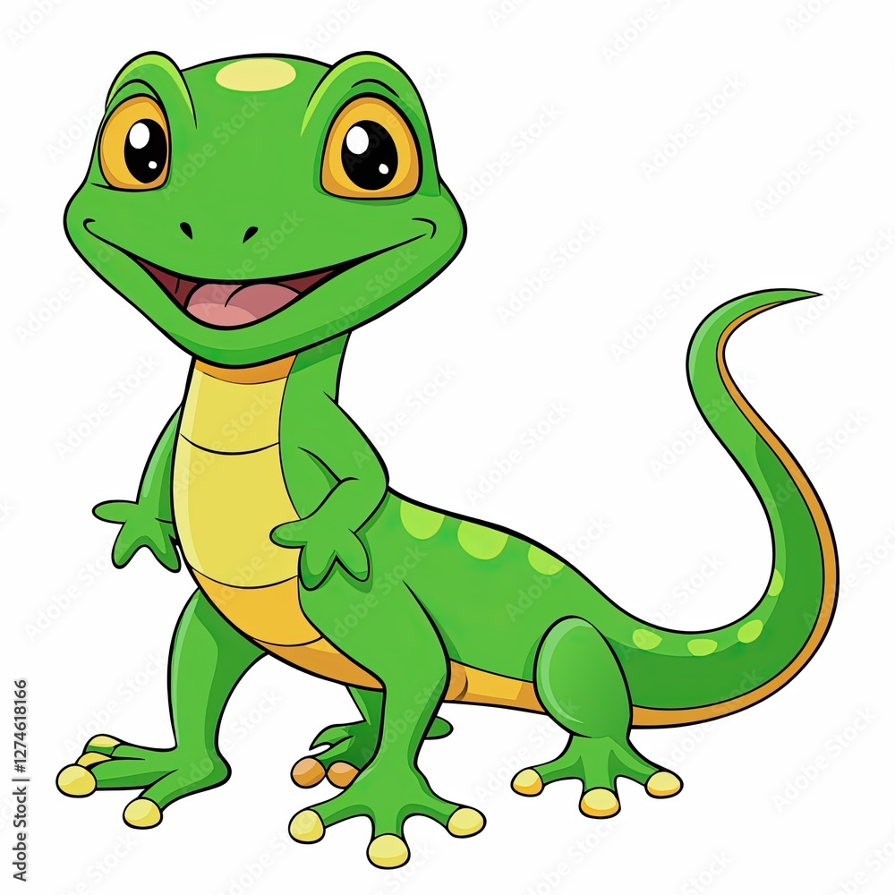 Fototapeta premium Cartoon lizard smiling and posing against a white background