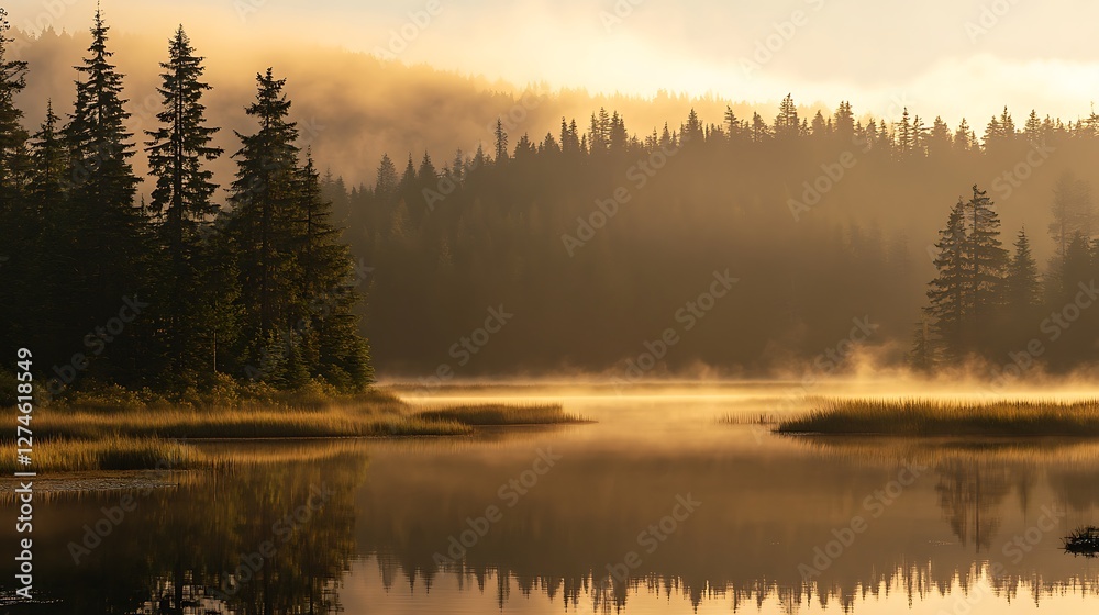 Fototapeta premium Golden Sunrise Over Misty Lake and Pine Forest