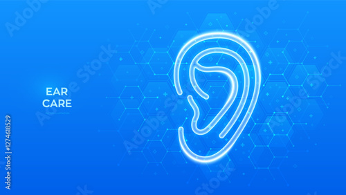 Ear icon. Otolaryngology. Ear Care. Diagnosis and treatment of hearing problems and deafness, audiology, hearing loss. Molecular structure. Blue medical background with hexagons. Vector illustration.