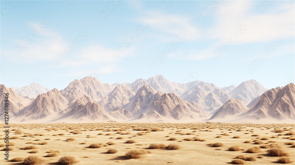 Fototapeta premium A vast desert landscape with mountains in the distance, a clear sky, and dry, barren land, capturing the beauty and solitude of the arid environment.