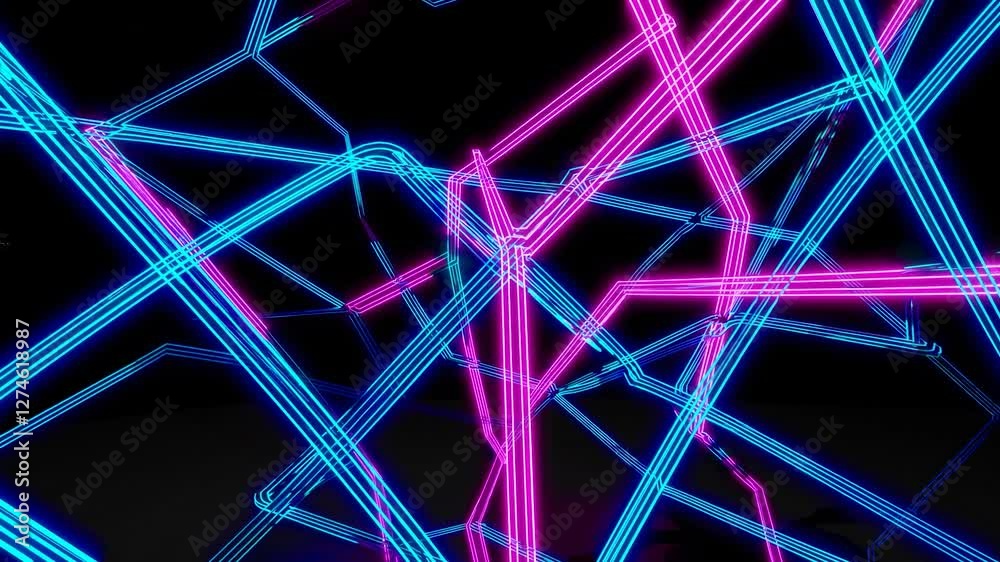 Intersecting neon lights in vivid blue and pink create an energetic and futuristic pattern against a dark background, showcasing a dynamic and modern design aesthetic