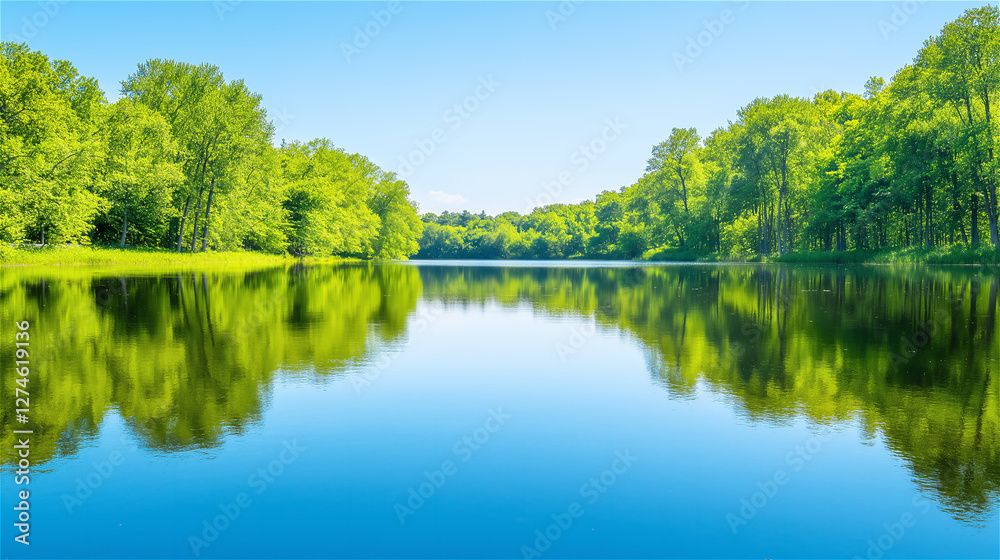 Fototapeta premium A serene view of a calm river surrounded by lush trees and greenery, creating a tranquil natural environment for outdoor activities and relaxation.