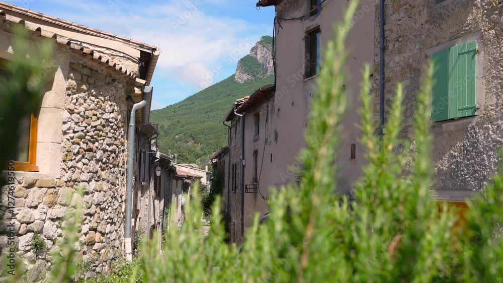 Alley in the village Saou in France with rosemary in the foreground Alley in the village Saou in France with rosemary in the foreground