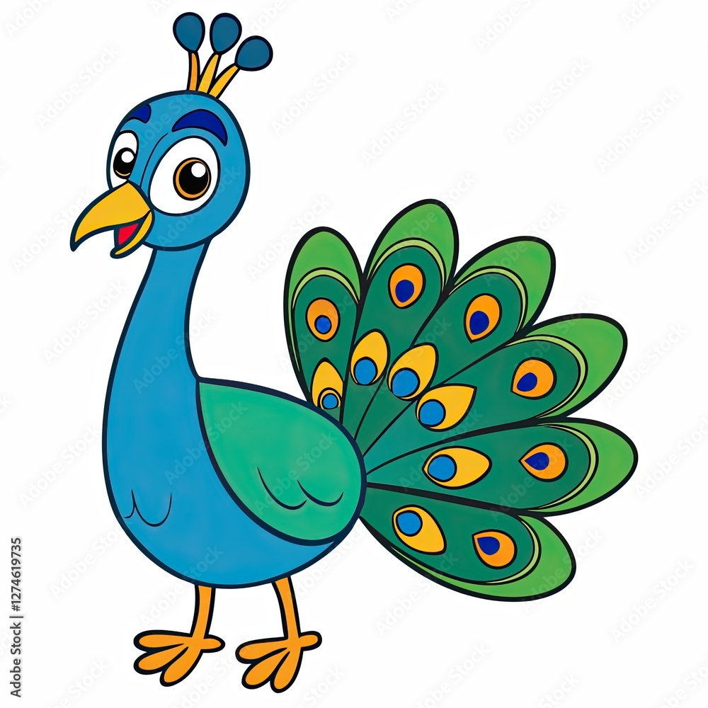 Cartoon peacock displaying vibrant feathers on white background Cartoon peacock displaying vibrant feathers on white background
