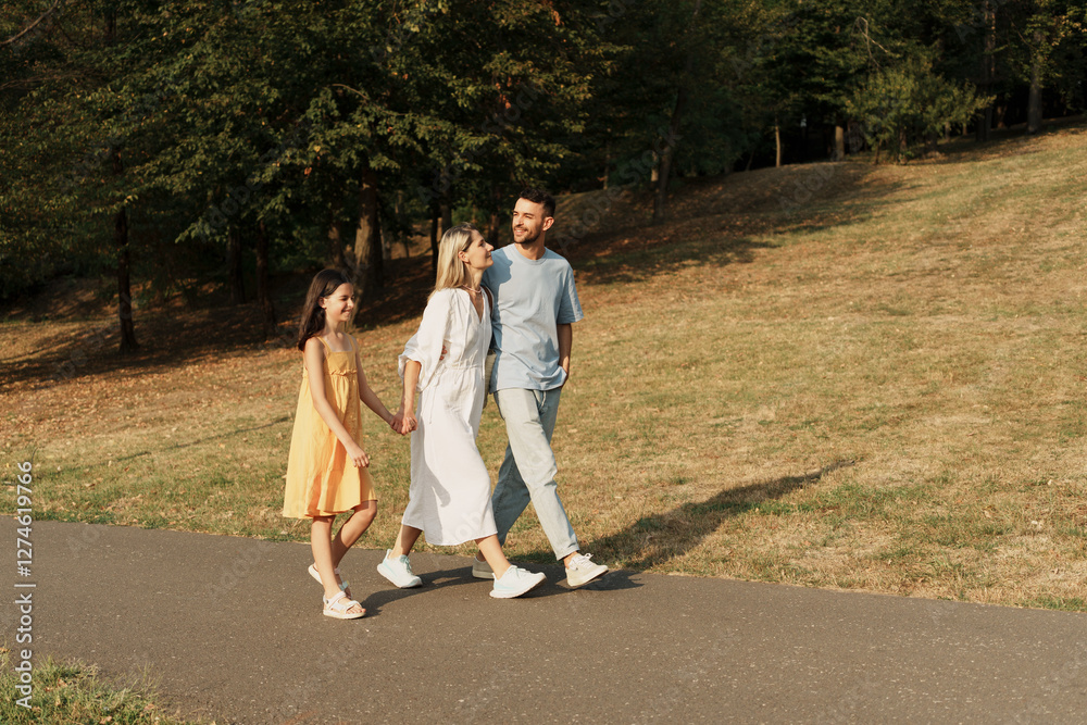 Fototapeta premium Happy family walking in the park on a sunny day, enjoying nature.