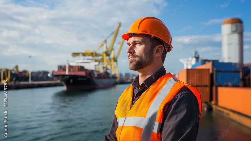 dockworker overseeing cargo operations in a busy harbor , worker, engineer dockworker overseeing cargo operations in a busy harbor , worker, engineer