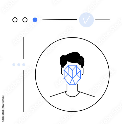 Circular profile with geometric face grid, navigation icons, and validation checkmark. Ideal for security, AI, biometrics, identity verification, technology, UXUI design abstract line flat metaphor