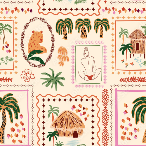 Summer tropical patchwork seamless pattern. Cute hand drawn palm tree, cabin, woman shape, jungle animal spots, landscape in frame. Vector jungle repeat background, exotic wallpaper, print, textile