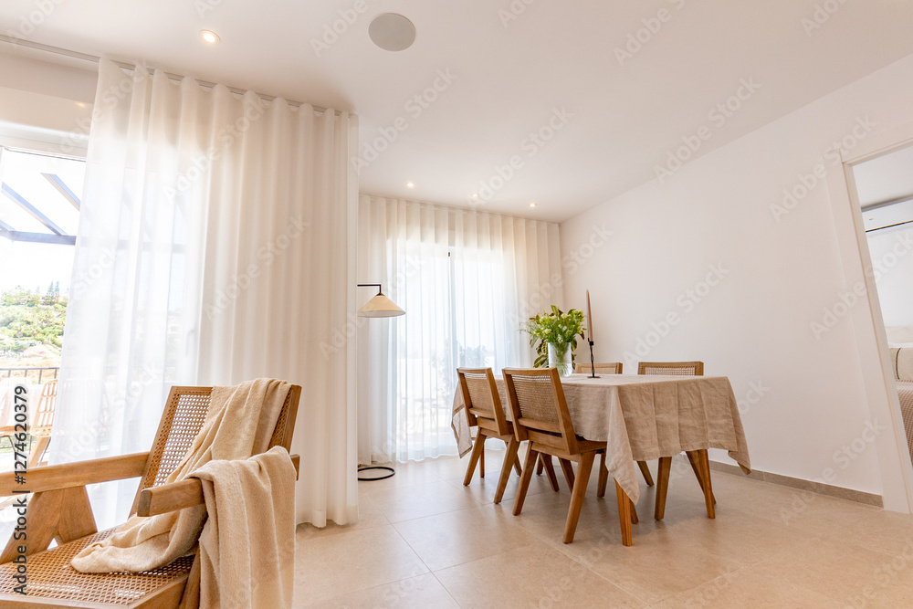 Fototapeta premium an image a dining room area with speakers in the ceiling in mediterranean apart