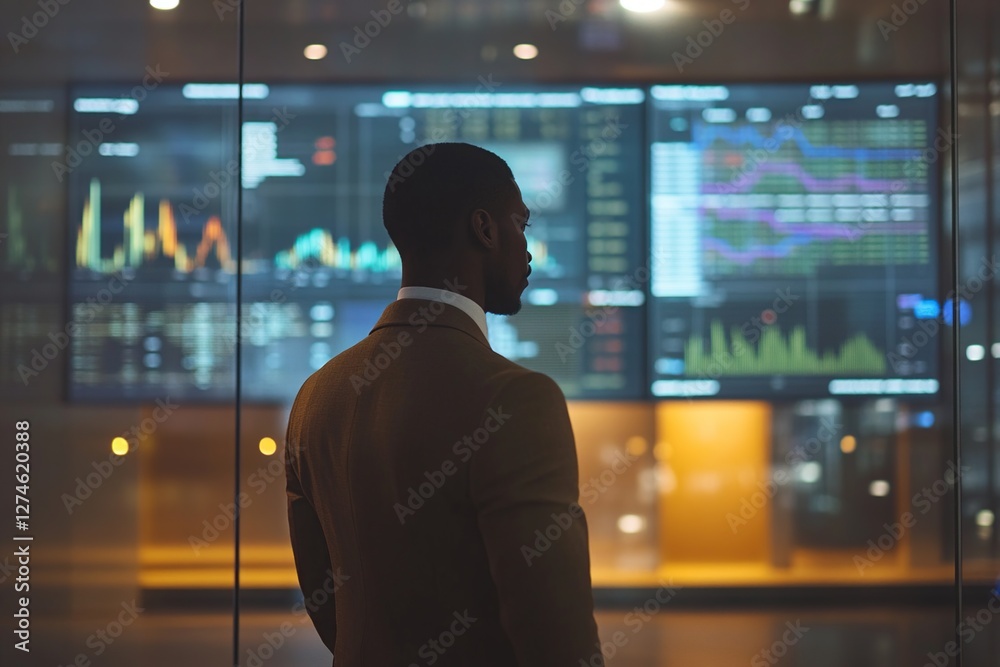 Analyst Reviews Financial Data on Screens, Making Crucial Business Decisions Nightly Analyst Reviews Financial Data on Screens, Making Crucial Business Decisions Nightly