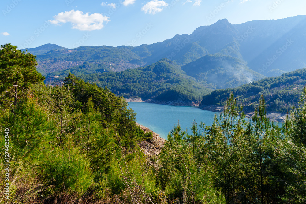 Scenic Lakeside View with Forests and Mountains Under Clear Blue Sky.. Scenic Lakeside View with Forests and Mountains Under Clear Blue Sky..