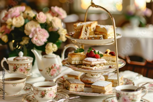 Elegant afternoon tea setting with an array of pastries in a lavish room filled with natural light and floral decor