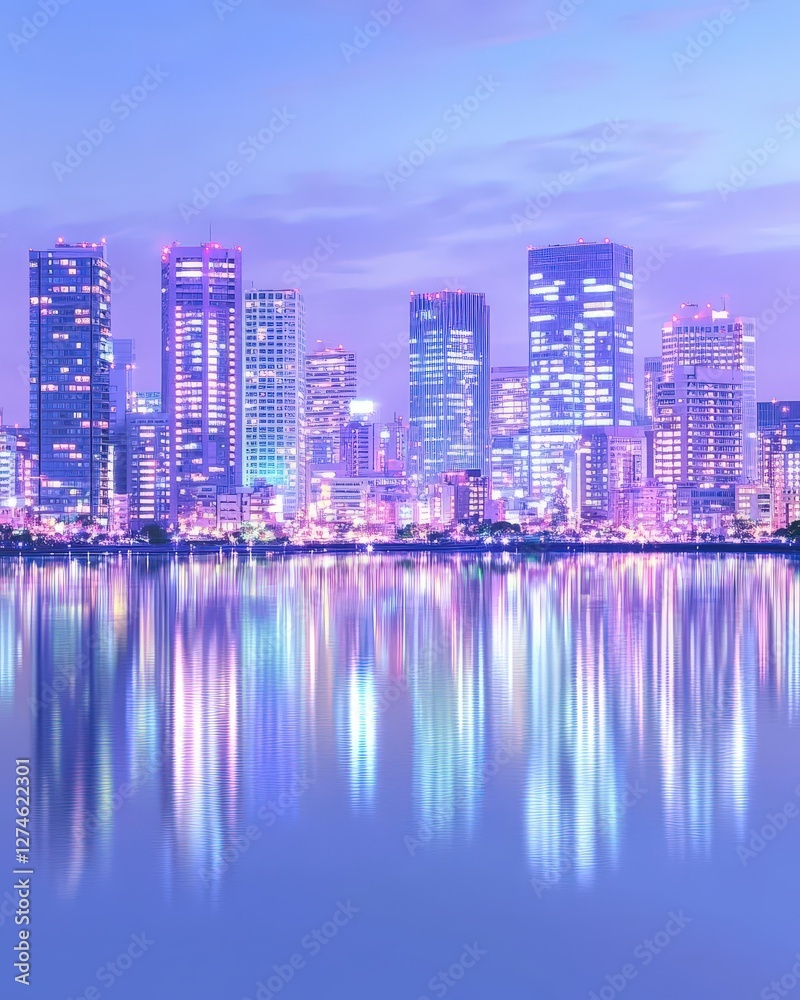 Fototapeta premium City skyline reflecting on water at dusk, showcasing urban beauty and tranquil environment