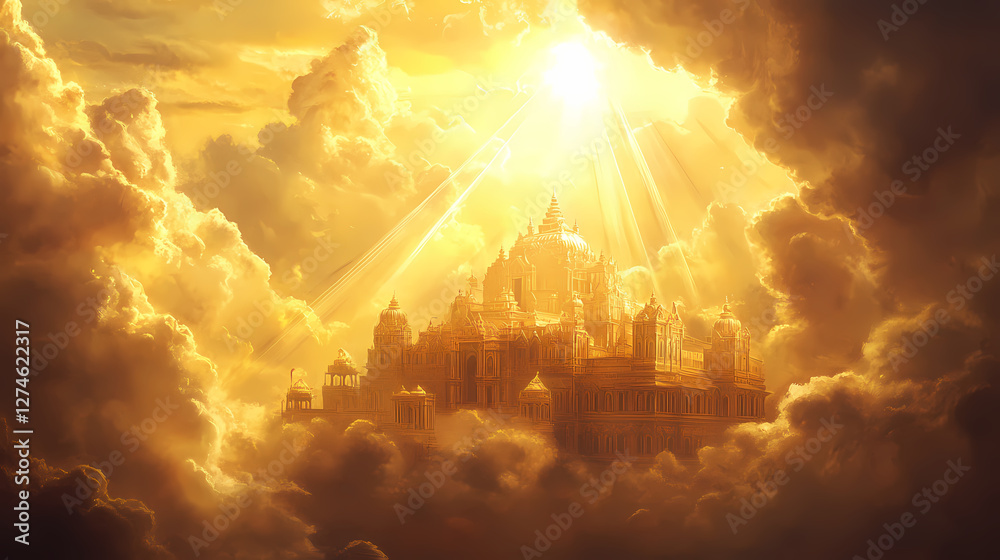 Fototapeta premium The clouds part to reveal a majestic golden temple, bathed in an intense beam of divine light , spiritual icon, radiant. Mystic Radiant Temple. Illustration