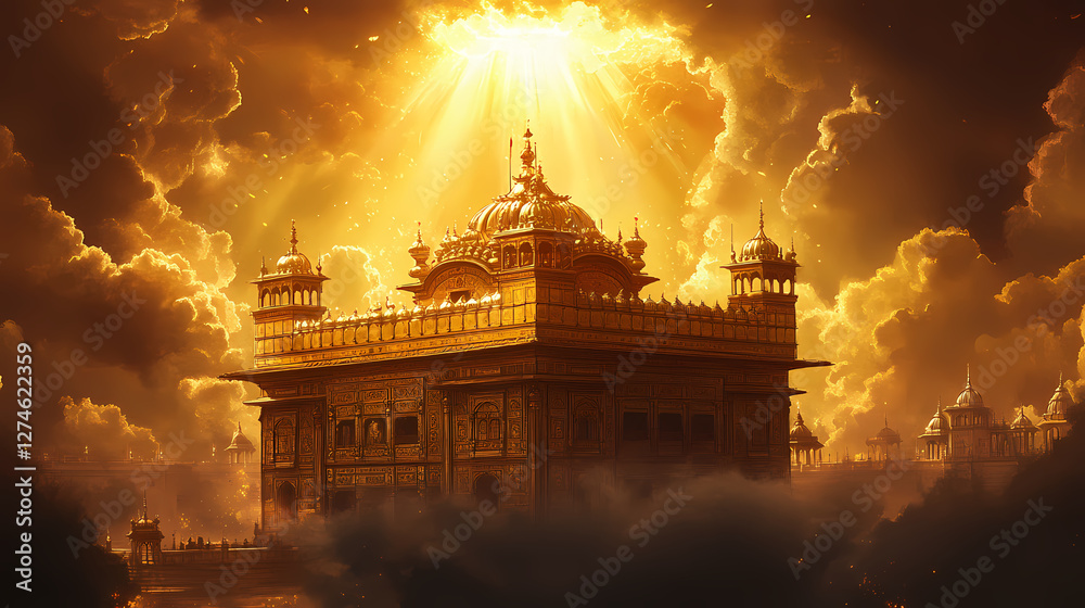 Obraz premium The clouds part to reveal a majestic golden temple, bathed in an intense beam of divine light , spiritual icon, radiant. Mystic Radiant Temple. Illustration