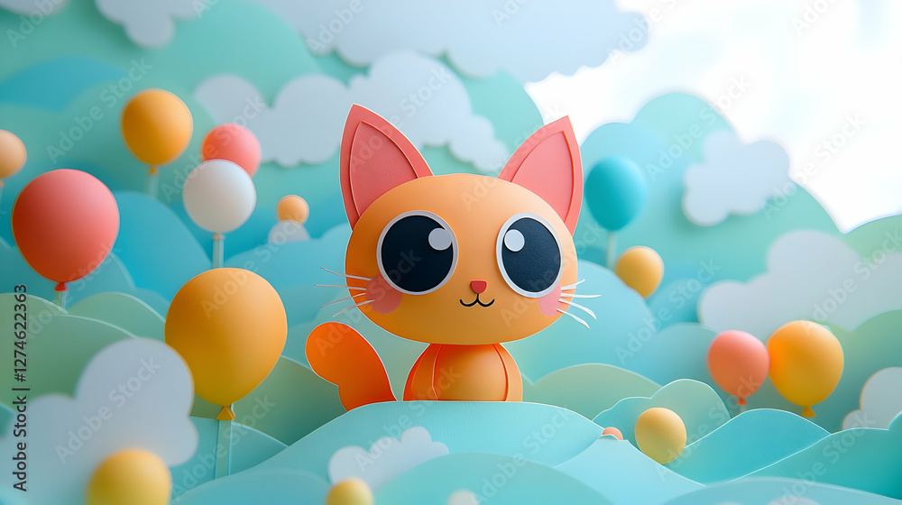 Cute cartoon cat in a colorful landscape of paper cutouts and balloons. Possible use Children's book illustration, greeting card design Cute cartoon cat in a colorful landscape of paper cutouts and balloons. Possible use Children's book illustration, greeting card design