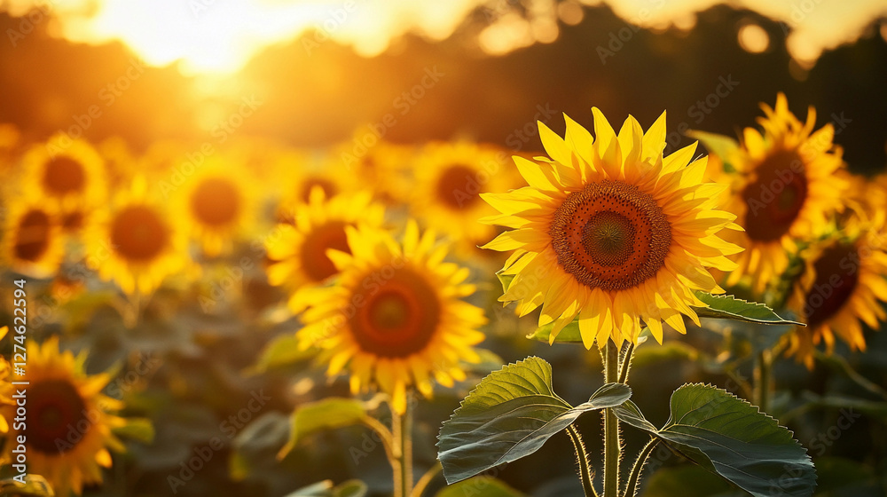 Fototapeta premium Sunflowers bloom in a golden summer field at sunset with vibrant colors creating a serene atmosphere. Generative AI