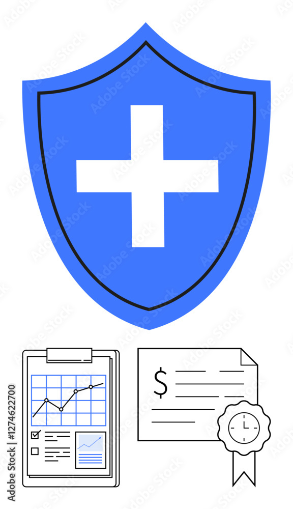 Obraz premium Blue shield adorned with medical cross, document displaying chart and statistics, certificate with seal and dollar sign. Ideal for insurance, protection, healthcare, finance, certification