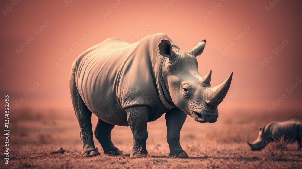 Fototapeta premium Majestic White Rhino in African Savanna Sunset