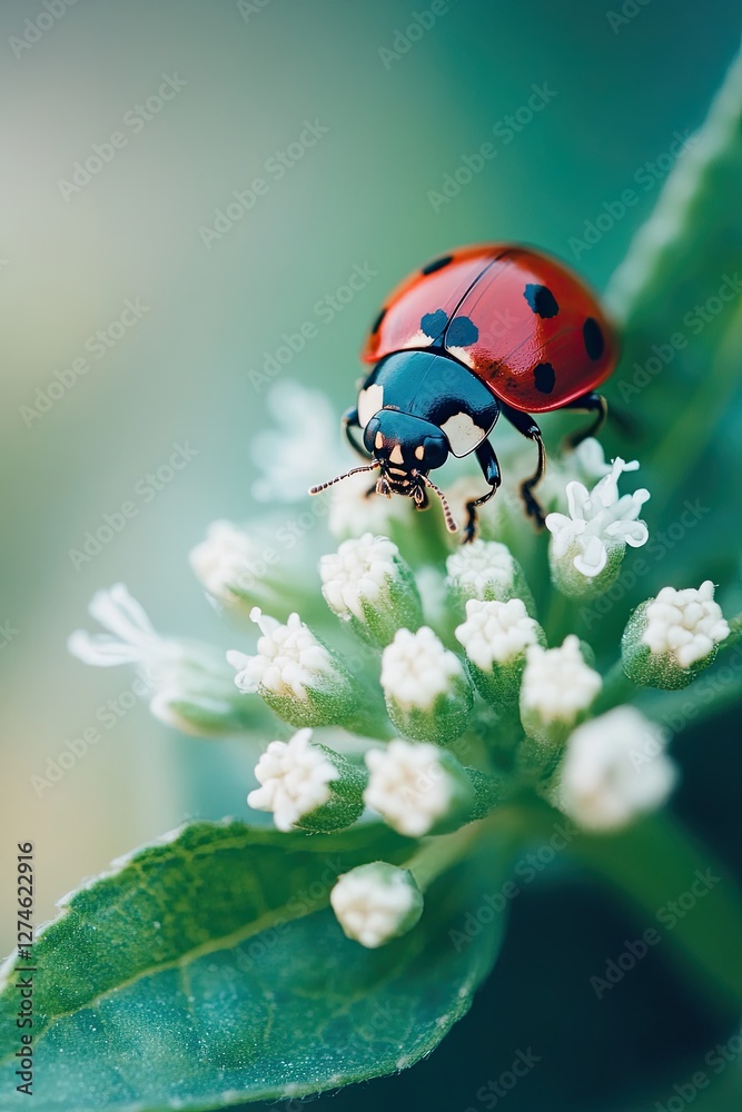 Ladybug crawling on green leaves of flower. Close-up macro. Small depth of field Ladybug crawling on green leaves of flower. Close-up macro. Small depth of field