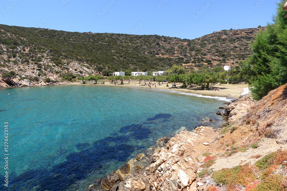 Fototapeta premium Small seaside fishing village of Faros with crystal clear beaches and traditional Cycladic character, Sifnos island, Cyclades, Greece