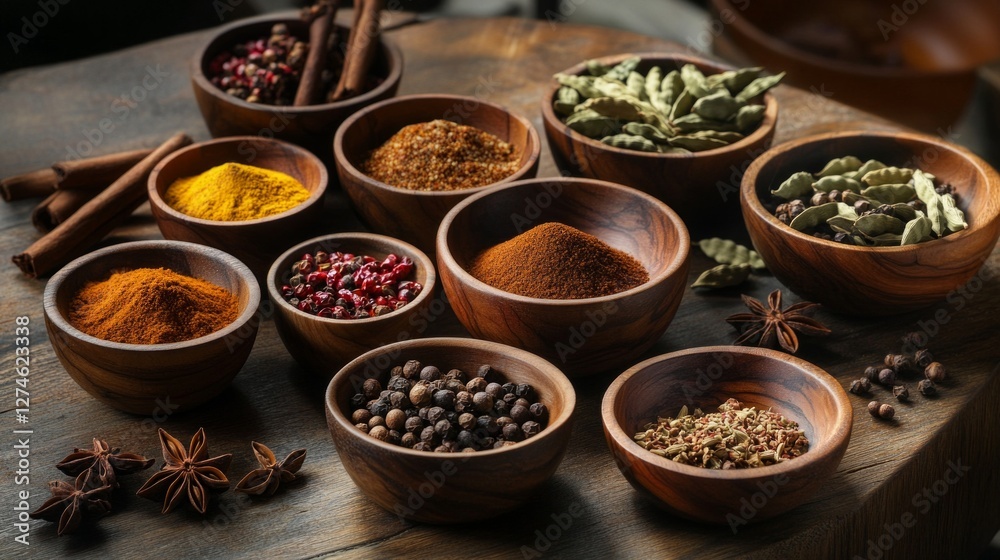 Rustic wooden bowls filled with colorful and aromatic spices on wooden table Rustic wooden bowls filled with colorful and aromatic spices on wooden table