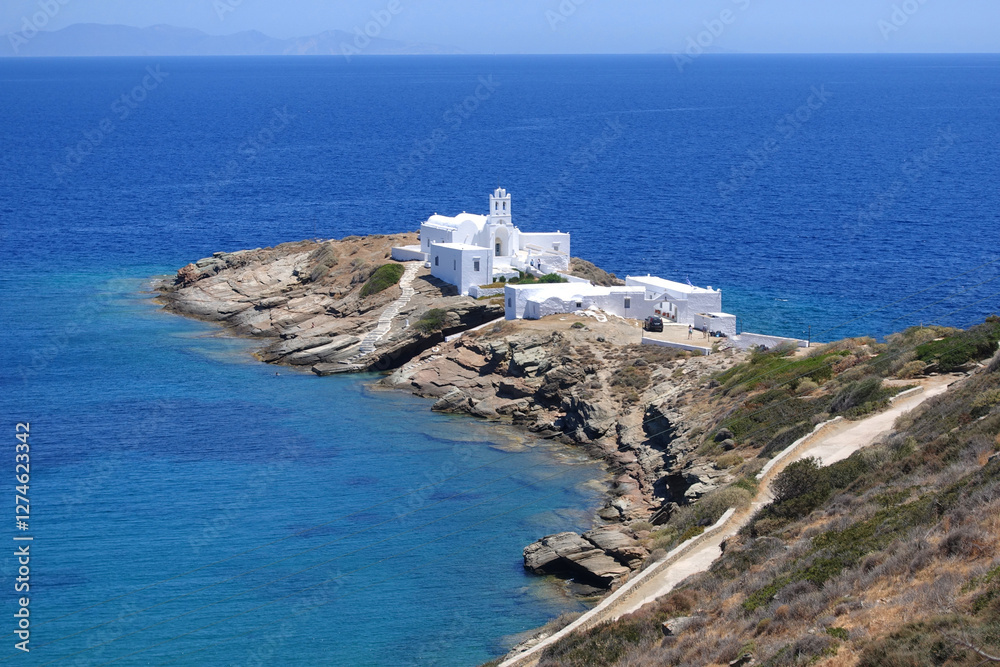Beautiful church of Chrysopigi built in a small seaside peninsula, Sifnos island, Cyclades, Greece