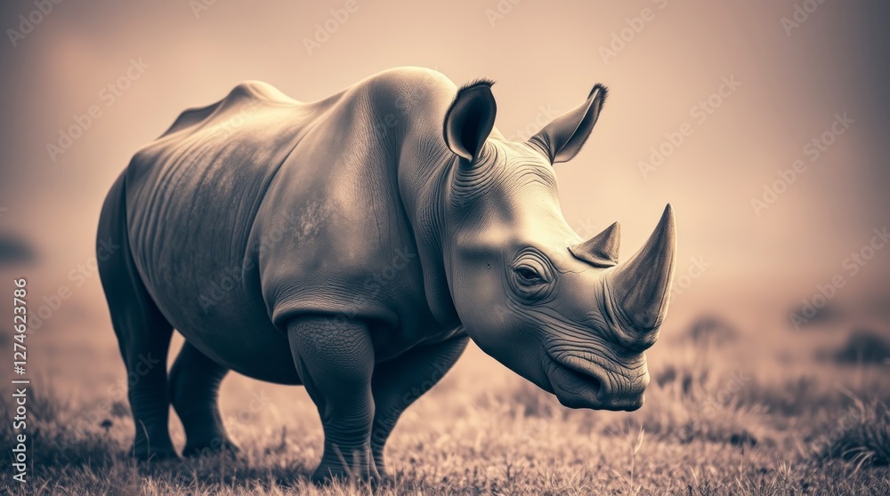 Fototapeta premium Majestic Rhino in Sepia African Savanna Landscape