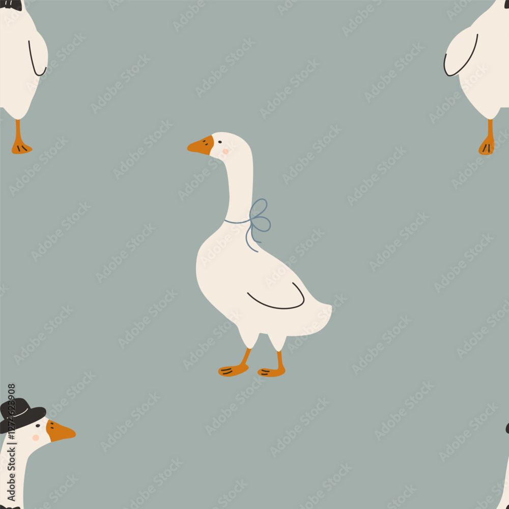 Obraz premium Seamless pattern with cute animals, geese on a colorful background background. Vector illustration for printing. Cute baby background. 