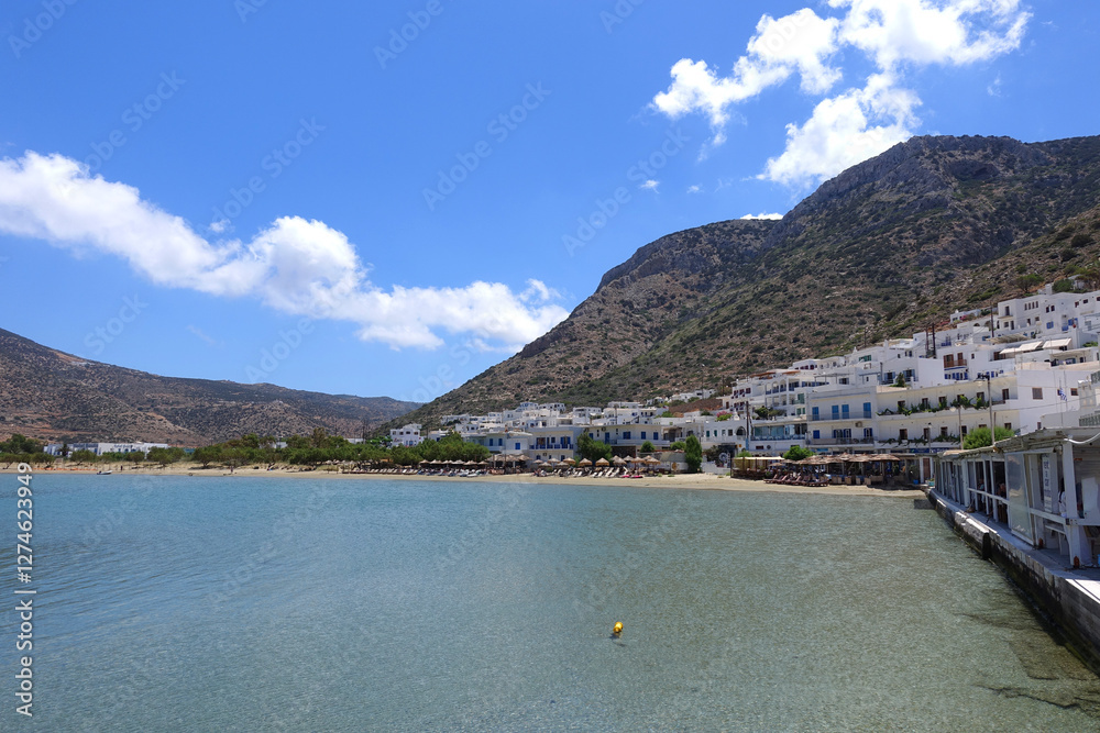 Picturesque port of Kamares with traditional Cycladic character and beautiful sandy beach, Sifnos island, Cyclades, Greece