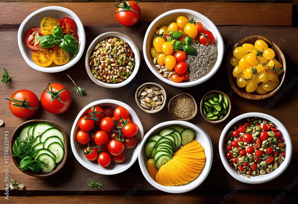 vibrant close display assorted gourmet snack bowls featuring fresh colorful captivating compositions perfect food lovers, appetizer, cuisine, culinary