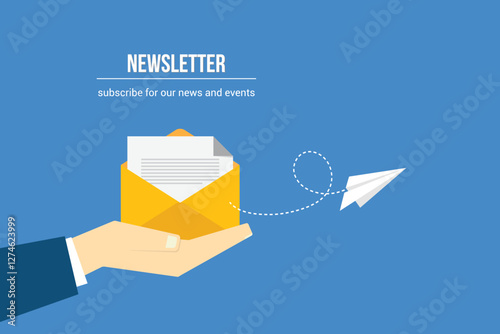 Newsletter. vector illustration of email marketing. subscription to newsletter, news, offers, promotions. a letter and envelope. subscribe, submit. send by mail.	