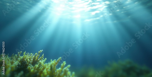 Underwater scene with sunlight filtering through, highlighting marine life.