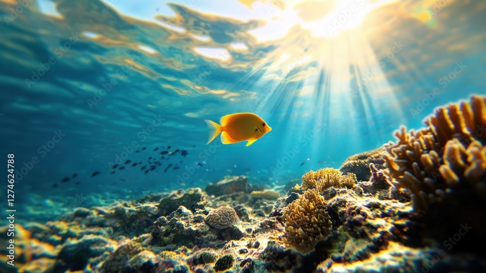 Fototapeta premium Vibrant underwater scene with fish and coral illuminated by sunlight.