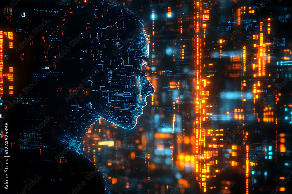 Fototapeta premium Futuristic digital illustration of a human head composed of intricate blue and orange circuit patterns, symbolizing artificial intelligence, machine learning, and cybernetic technology.