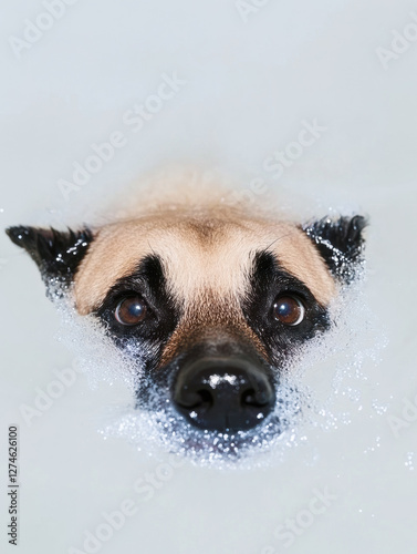 Dog taking a bath with bubbles, head partially submerged in water