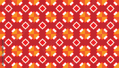 Seamless geometric pattern of diamond shapes and modified hexagonal shapes, arranged in a checkerboard pattern. composed of red, orange and white