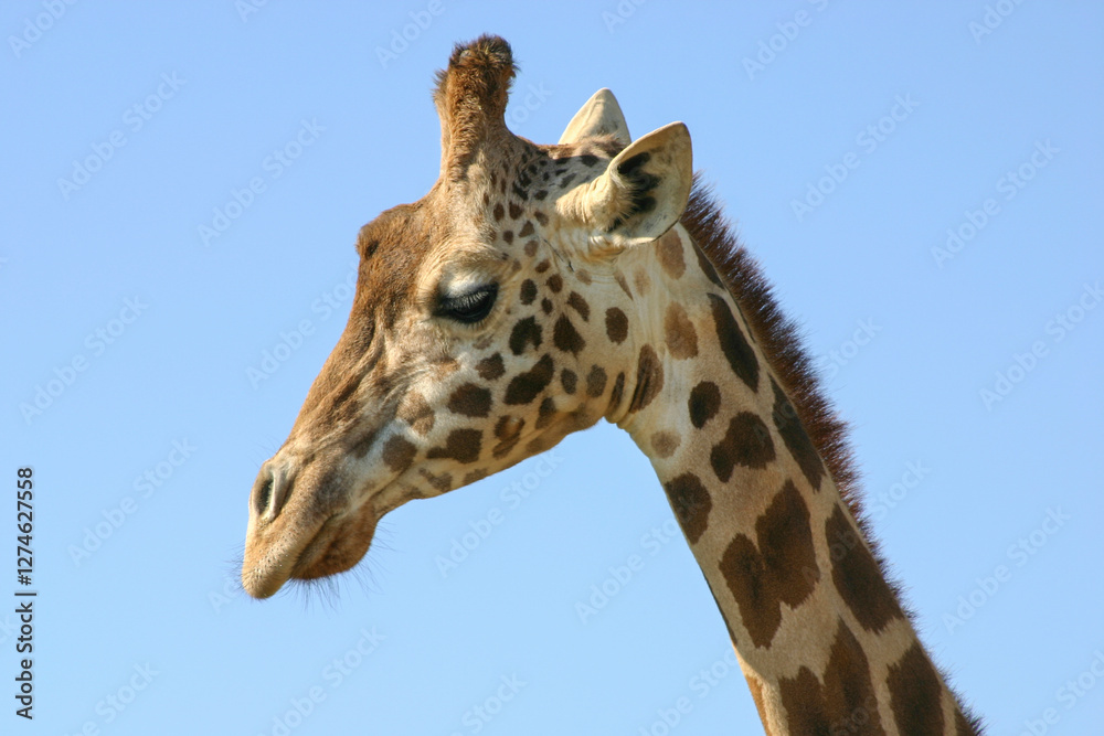 The head of a giraffe against a clear blue sky The head of a giraffe against a clear blue sky
