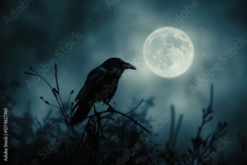 Mysterious crow perched on a branch under a full moon in a foggy night sky creating an eerie atmosphere