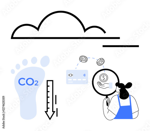 Cloud above a carbon footprint with CO2 text and downward arrow, woman analyzing financial transactions, such as cards and digital payments. Ideal for sustainability, finance, technology, climate