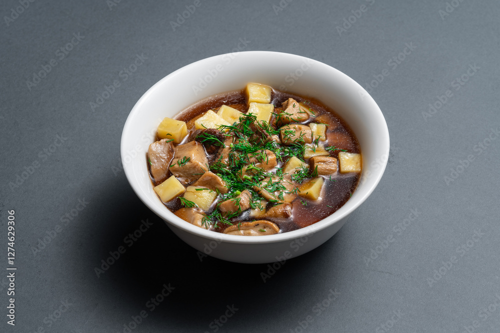 Savory vegetable and meat stew served in a white bowl on a dark background highlighting the delicious ingredients Savory vegetable and meat stew served in a white bowl on a dark background highlighting the delicious ingredients