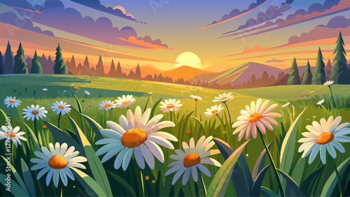 The landscape of white daisy blooms in a field, with the focus on the setting sun. The grassy meadow is blurred, creating a warm golden hour effect during sunset and sunrise time.