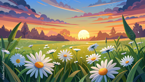 The landscape of white daisy blooms in a field, with the focus on the setting sun. The grassy meadow is blurred, creating a warm golden hour effect during sunset and sunrise time.