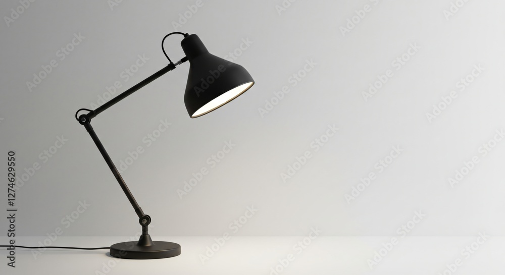 Black adjustable desk lamp on a white surface with a plain light gray background. Black adjustable desk lamp on a white surface with a plain light gray background.