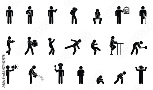 stick figure people pictogram, set of human silhouettes, man icon, various poses, gestures and movements