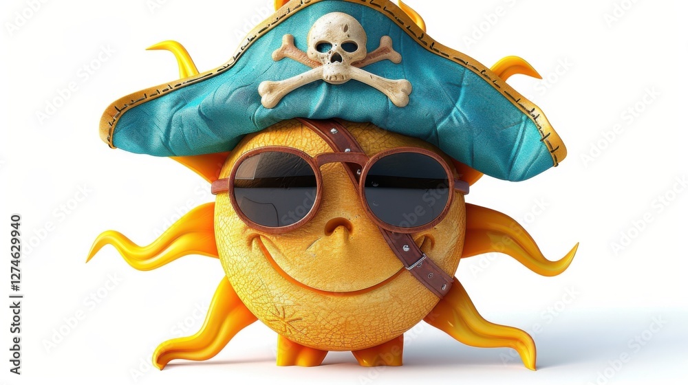 Naklejka premium Sun icon with a pirate hat and eye patch, on a fun adventure, isolated on white