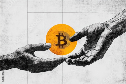 A composite photo showcase hands grasping a golden bitcoin coin, symbolizing payment, crypto, , blockchain, business, and exchange, against a painted background