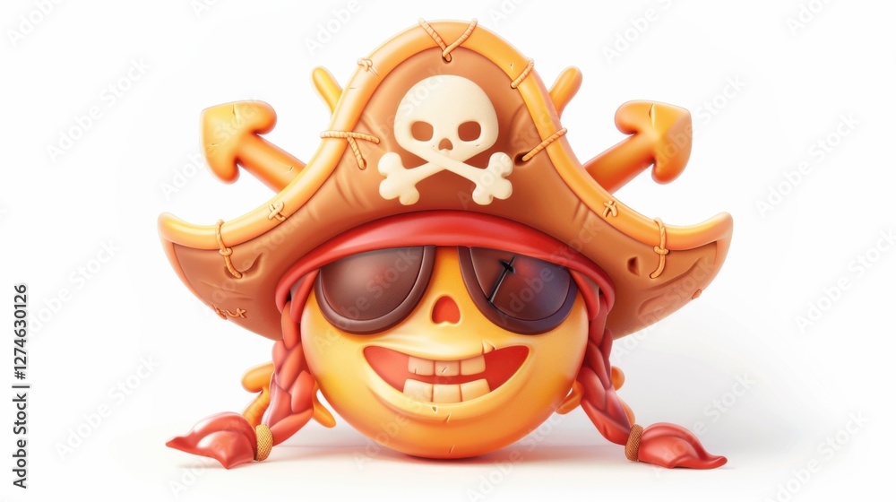 Naklejka premium Sun icon with a pirate hat and eye patch, on a fun adventure, isolated on white