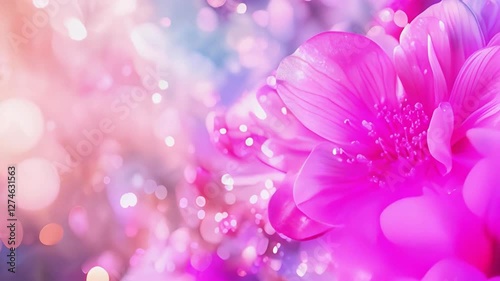 pink neon flower blooming animation, spring, summer and Mother's Day or romantic wedding & birthday animated background loop; copy space exposed