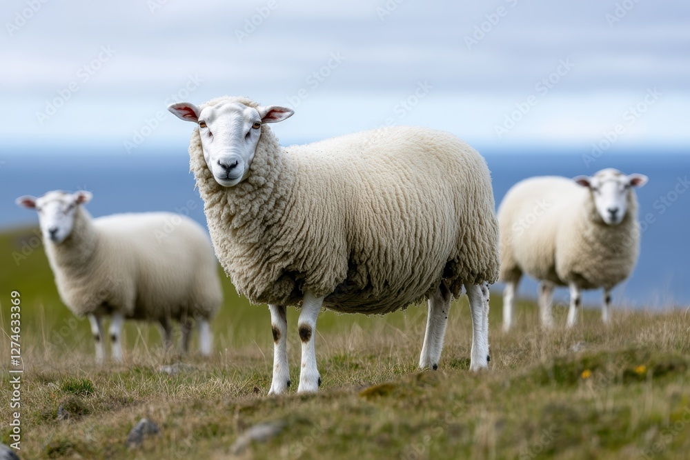 Sheep grazing peacefully on a hillside with a distant view of the sea Sheep grazing peacefully on a hillside with a distant view of the sea